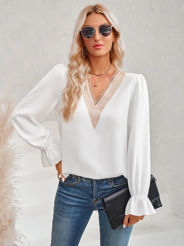 Solid Long Sleeve Lace V-Neck Blouse Top