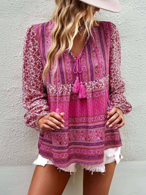 Women's Boho Floral Paisley V Neck Blouse: Lantern Sleeves, Tassel Tie