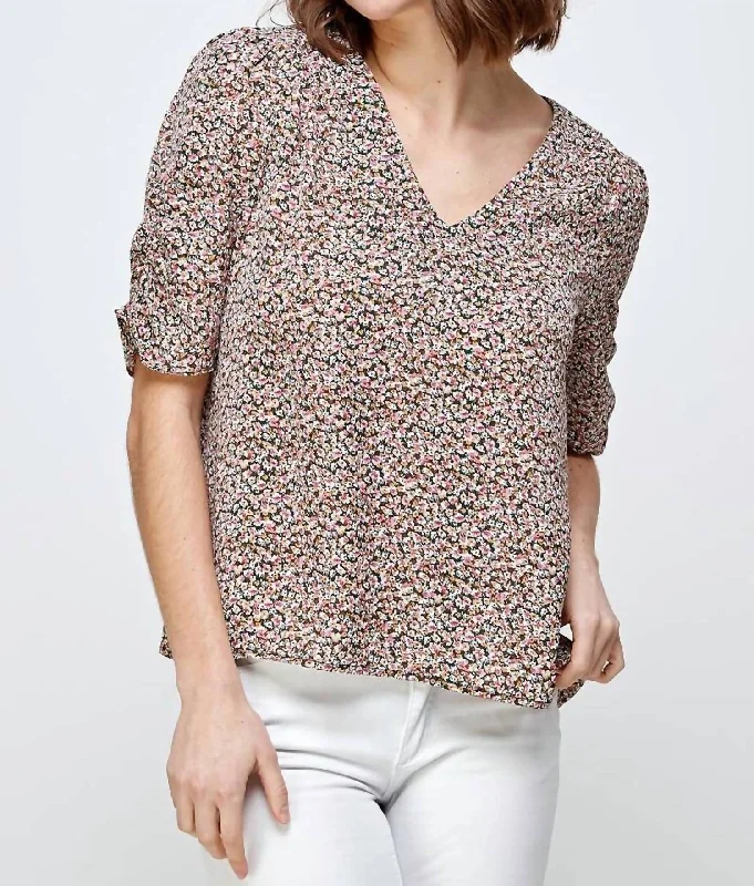 Spring Meadow V Neck Top In Pink/green