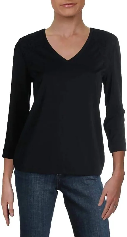 V Neck Lace Trim Blouse In Black