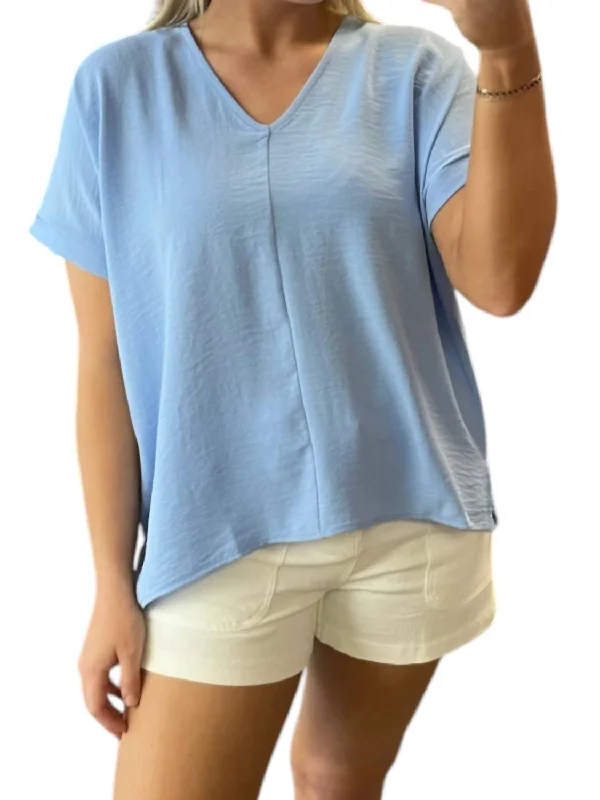 V-Neck Woven Top In Light Blue