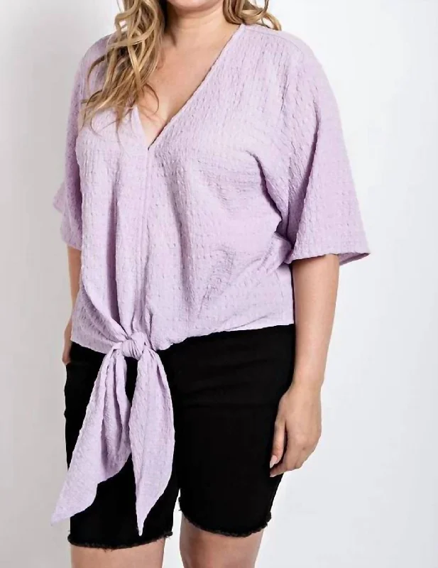 Solid Textured Knit V-Neck Top In Lavender