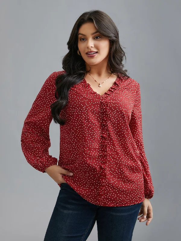 V-Neck Polka Dot Ruffled Blouse