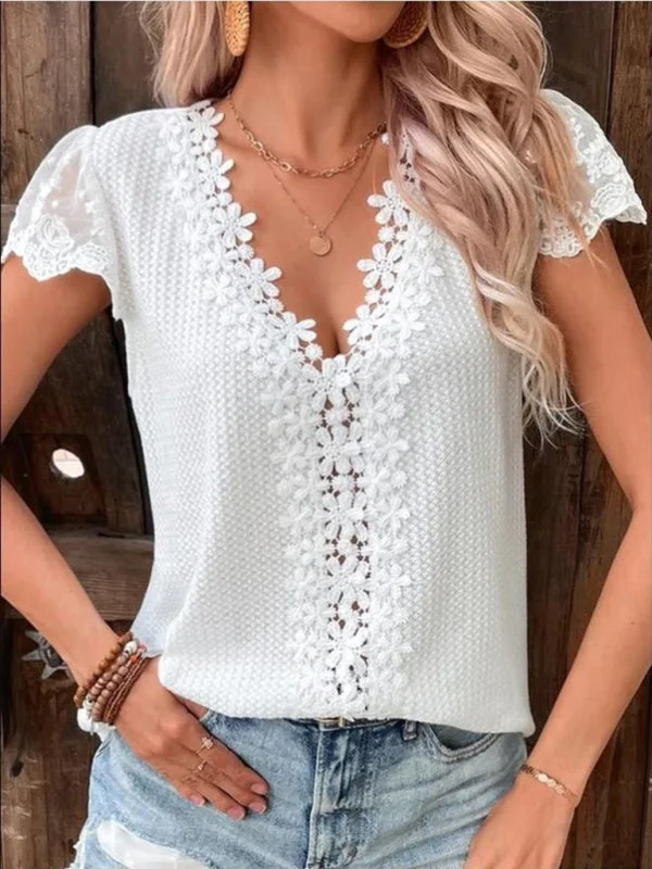 Radiate Sophistication: Women's Top V-Neck T-shirt Guipure Lace Blouse