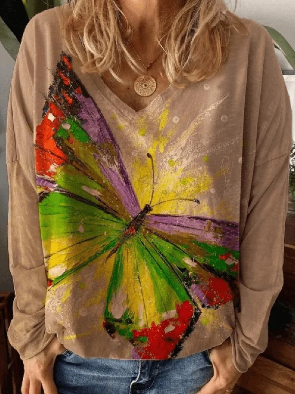 Women Large Butterfly Printed V-Neck Casual Long Sleeve Blouses