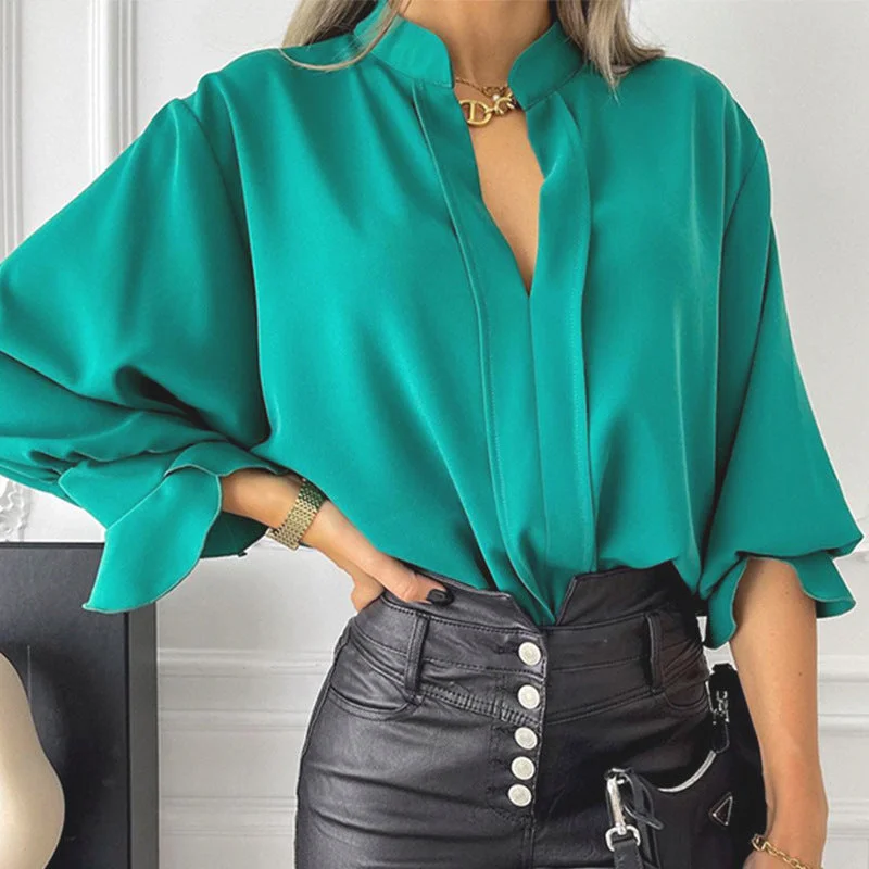 Solid Chiffon V Neck Long Sleeve Blouse