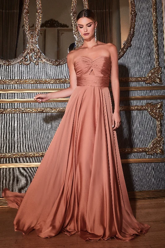 Cinderella Divine 7496 Long Satin Strapless Keyhole Prom Formal Dress Rose Gold