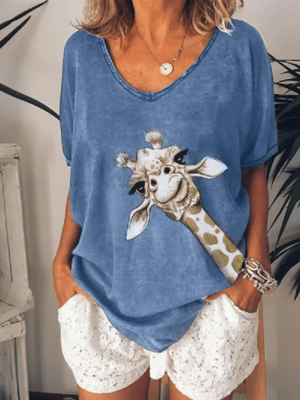 Giraffe Print V-Neck Women Casual Loose Blouse