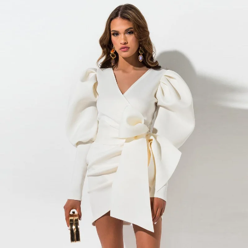 V-neck wrap chest puff sleeve bow tie slim coat