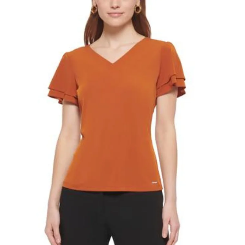 CALVIN KLEIN - Petite Solid V-Neck Flutter Sleeve Top