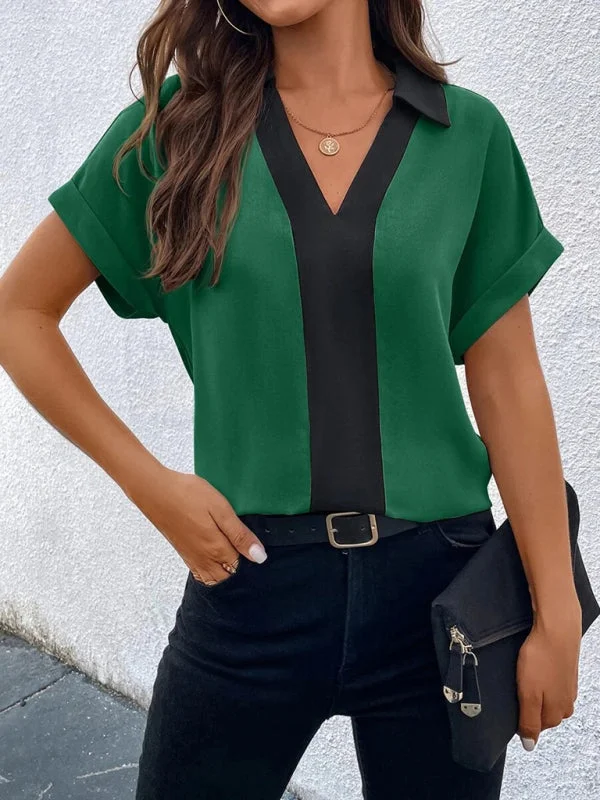 Solid V-Neck Blouse - Summer Collared Top