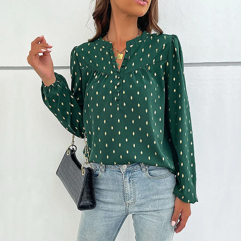 Polka Dot Blouse - V Neck Long Sleeve Top