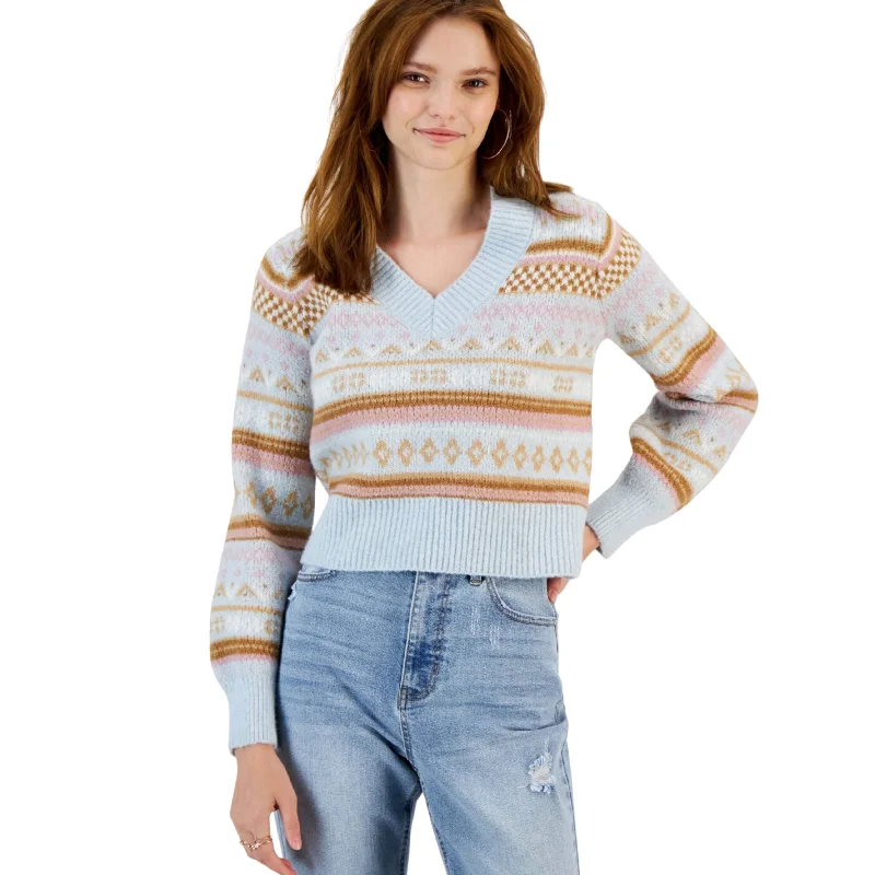 HIPPIE ROSE -  Printed Bubble-Sleeve V-Neck Sweater