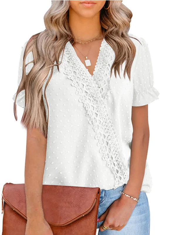 Women's Lace Trim Faux Wrap V-neck Clip Dot Puff Sleeve Blouse