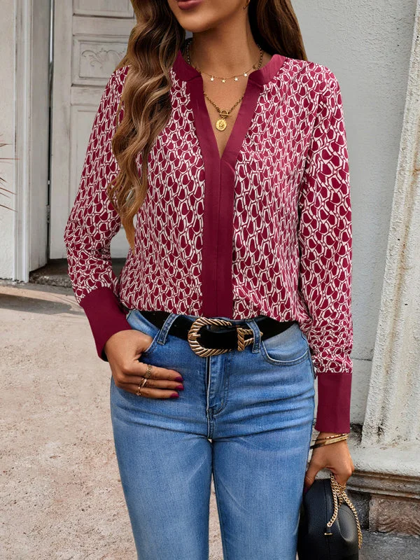 Block Print Top | V-Neck Long Sleeve Blouse