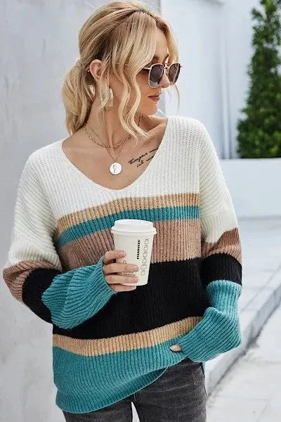 Julia Striped Slouch V-Neck Sweater