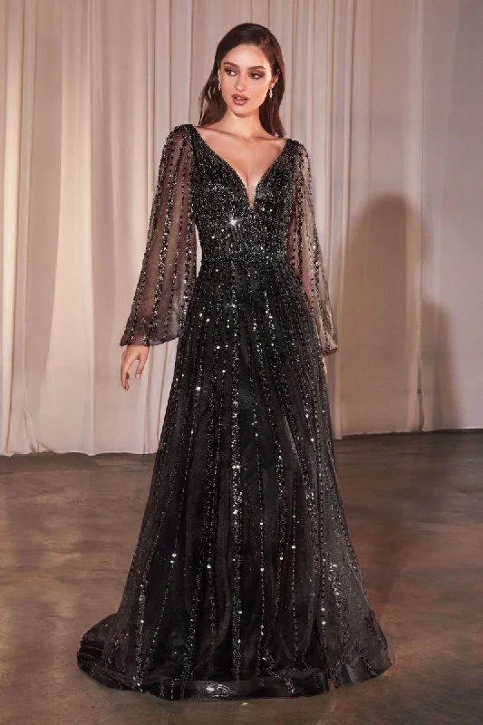 Cinderella Divine CD0240 Long Sleeve Beaded A Line Formal Dress