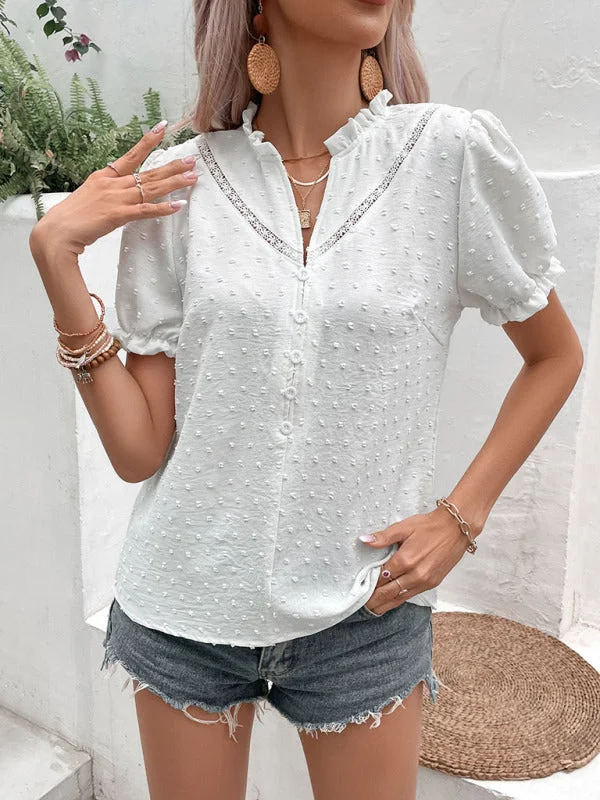 Swiss Dot Button Ruffle V-Neck Short Sleeve Blouse