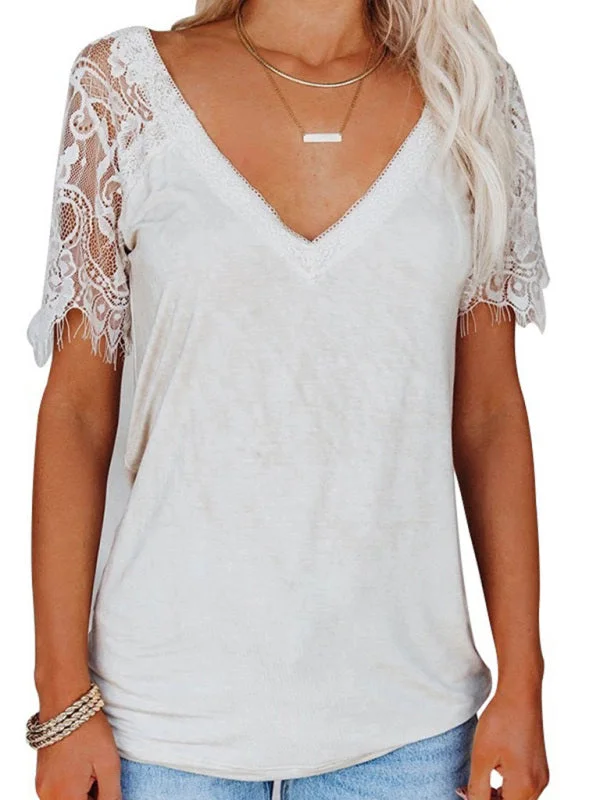 Solid Cotton V-Neck T-shirt with Lace Embroidery Sleeves