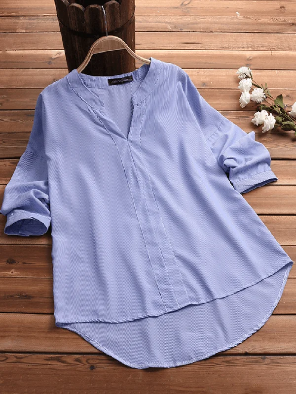 Women Striped V Neck Half Sleeve Loose Blouse