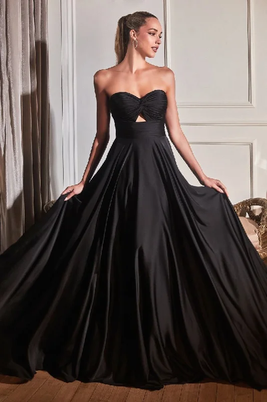 Cinderella Divine 7496 Long Satin Strapless Keyhole Prom Formal Dress Black