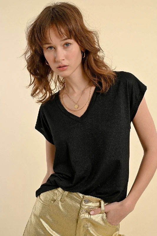 Molly Bracken Black Lurex V-Neck T-shirt