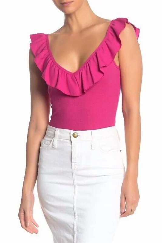 Rib Ruffle Sleeveless V Neck Bodysuit In Pink