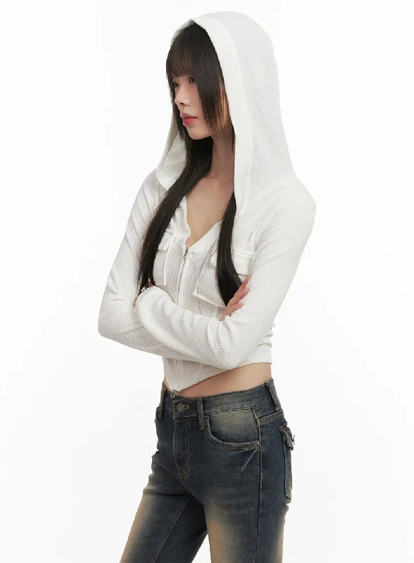 Cropped V-Neck Zip-Up Hoodie CD426