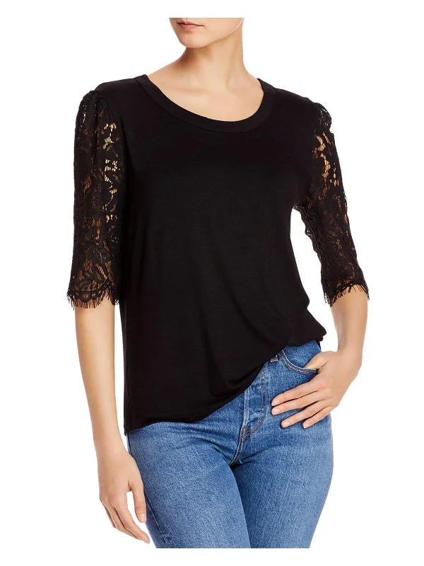 Womens Crew Neck Lace Sleeve Top