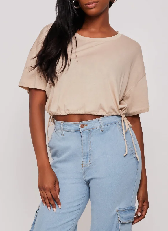 Solid Crew Neck Drawstring Hem Top