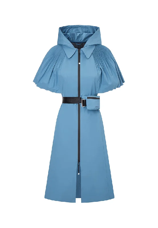 Aphrodite Belted Mid-Length Water- and Wind-resistant Coat with Pleated Cape