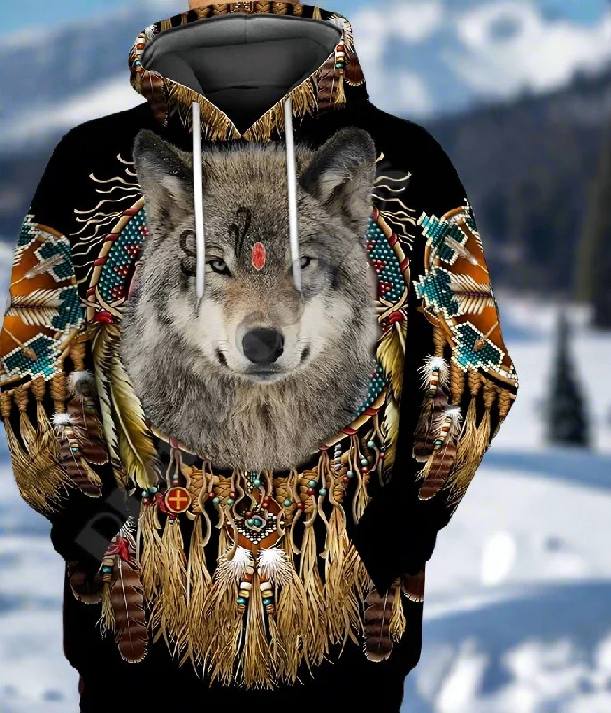 Beautiful Tribal Native Wolf 3D  Hoodie Zip Pullover free delivery