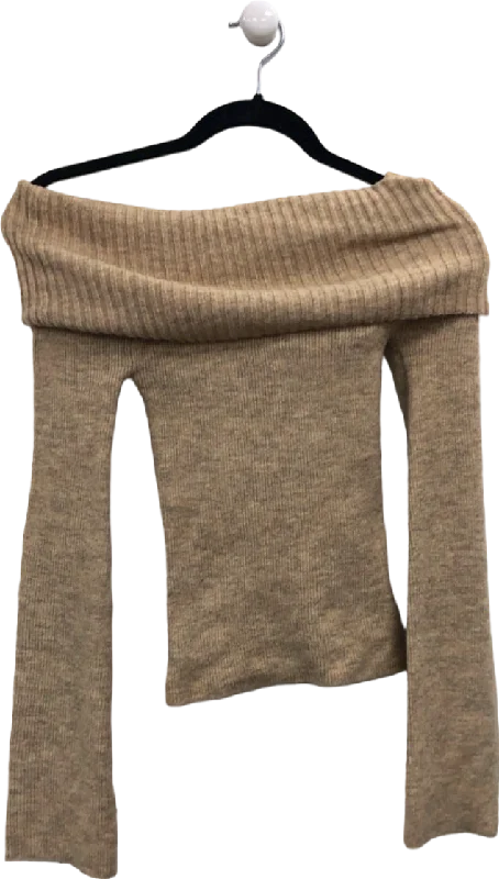 Pretty Lavish Beige Off-shoulder Ribbed Knit Sweater XS