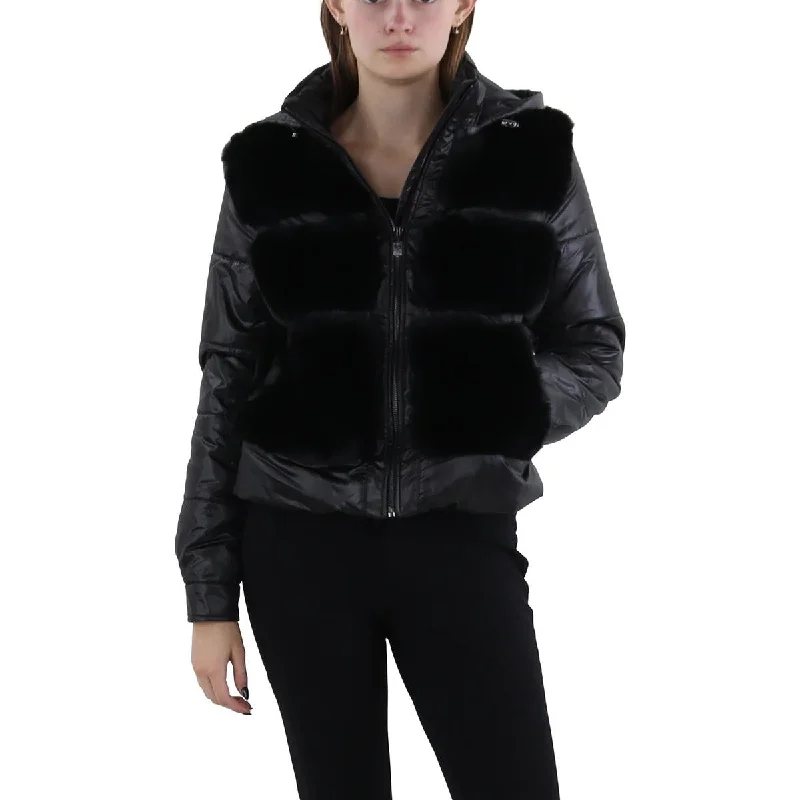 Via Spiga Womens Faux Fur Cold Weather Puffer Jacket