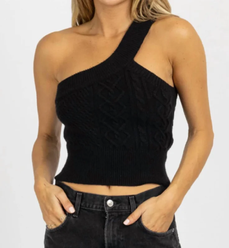 Cableknit One Shoulder Sweater Top In Black