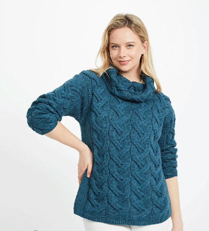 Ladies Chunky Cable Cowl Sweater - MARL BLUE