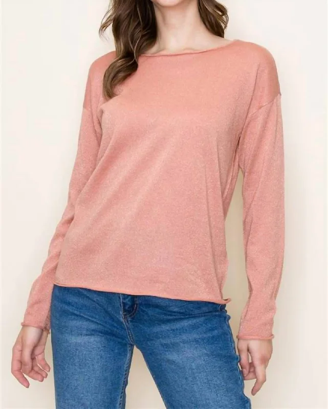 Lurex Boat Neck Long Sleeve Sweater In Blush