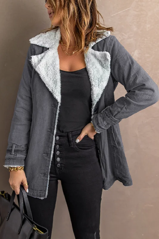 Button-Front Denim Jacket with Sherpa Collar