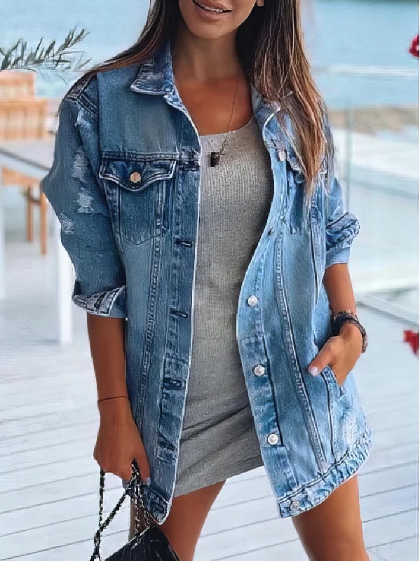 Distressed Denim Jacket with Rhinestones