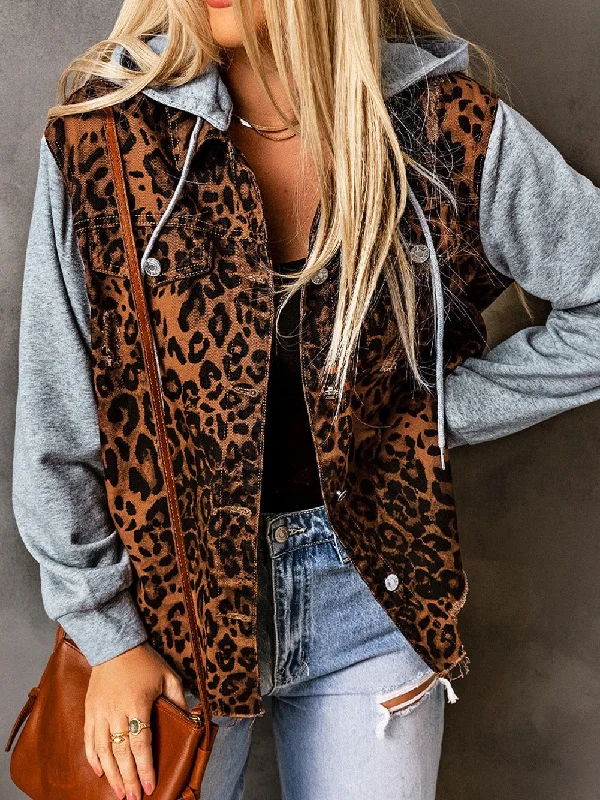 Leopard Print Distressed Denim Shacket with Hood