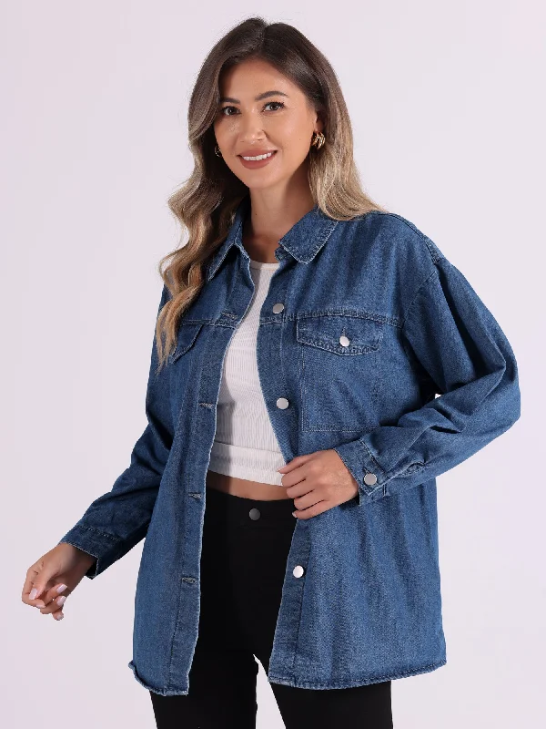 Lapel Button Down Long Sleeve Casual Denim Jacket