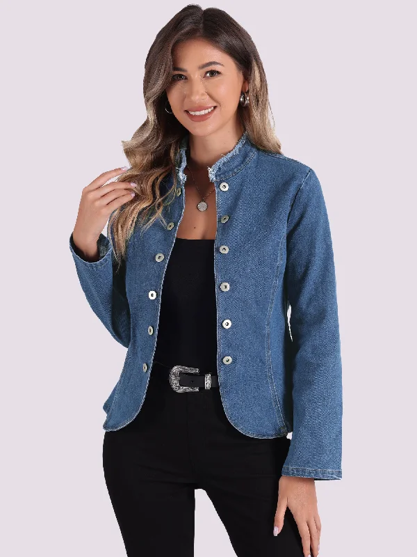 Denim Collarless Button Decor Open Front Jeans Jackets