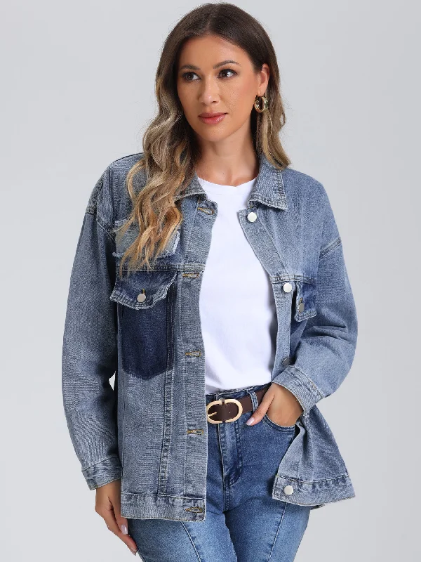 Button Up Long Sleeve Bead Decor Trendy Denim Trucker Jean Jacket