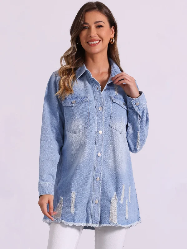 Denim Distressed Frayed Hem Button Down Jean Jackets