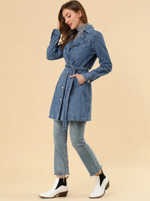 Notched Lapel Belted Trench Long Jean Denim Jacket