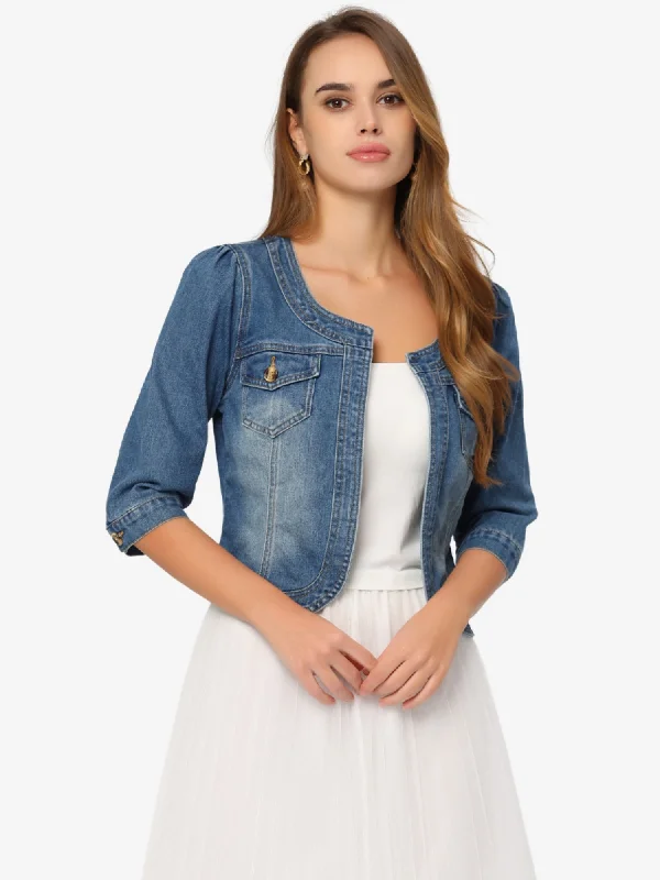 Denim Collarless Pockets 3/4 Sleeve Feminine Style Jacket