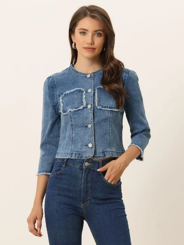 Denim 3/4 Sleeves Frayed Casual Collarless Cropped Jean Jacket