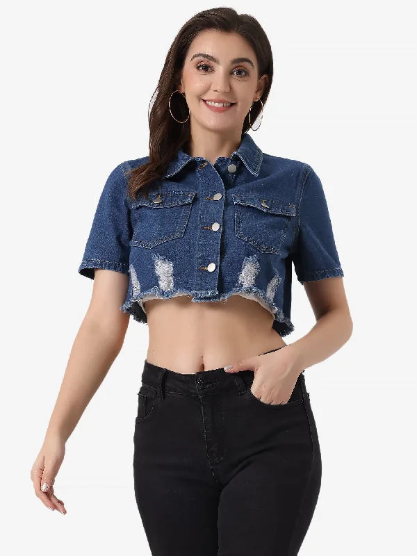 Casual Cropped Collared Short Sleeve Frayed Jean Denim Jacket