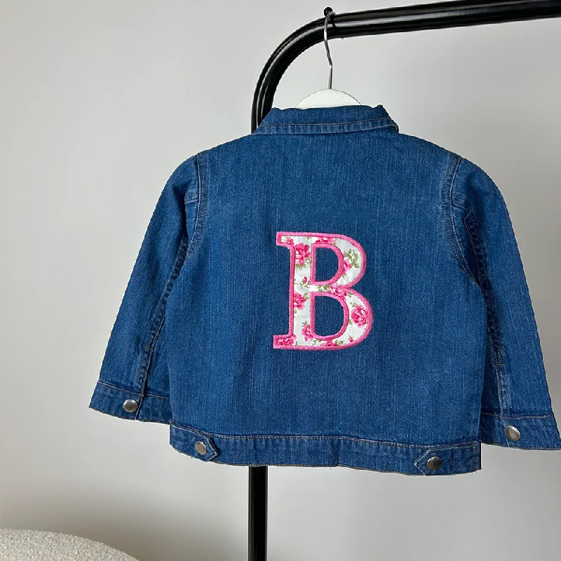 Embroidered Initial Floral Patch Kids Denim Jacket