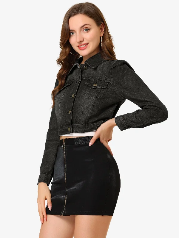 Lightweight Button Down Puff Sleeve Cropped Denim Jacket